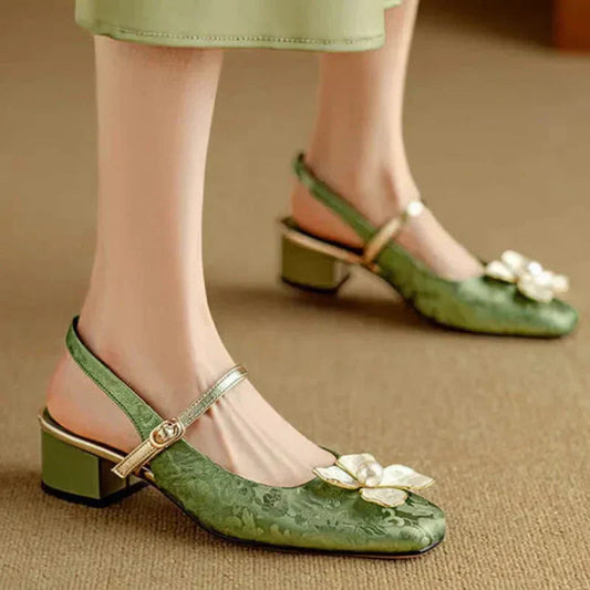 Florine | Women's Floral Slingback Pumps Square Toe Block Heel Shoes 0