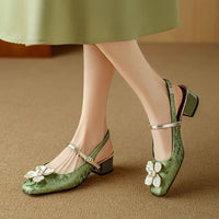 Women's Floral Slingback Pumps Square Toe Block Heel Shoes
