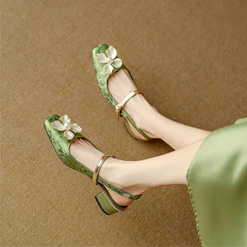Florine | Women's Floral Slingback Pumps Square Toe Block Heel Shoes 2