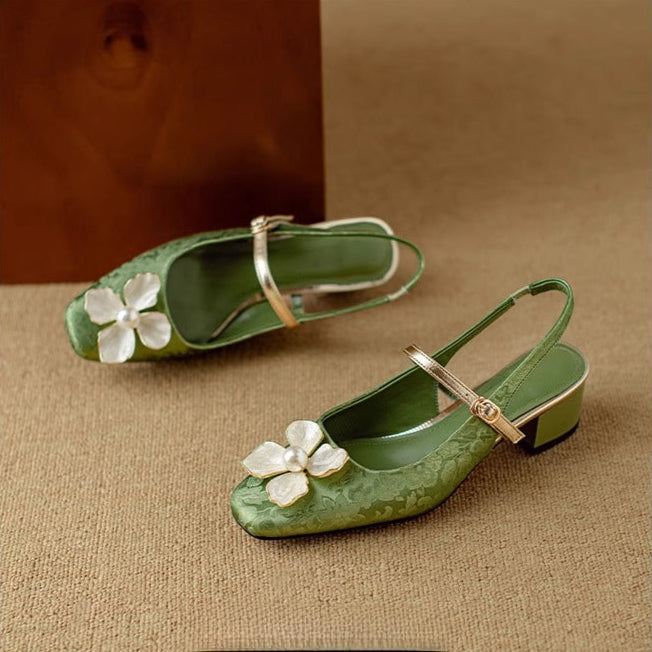 Florine | Women's Floral Slingback Pumps Square Toe Block Heel Shoes 3