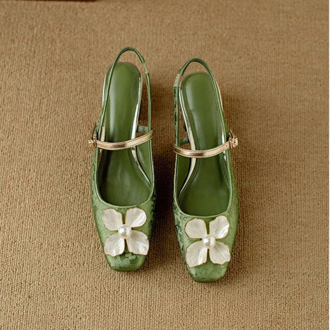 Florine | Women's Floral Slingback Pumps Square Toe Block Heel Shoes 4