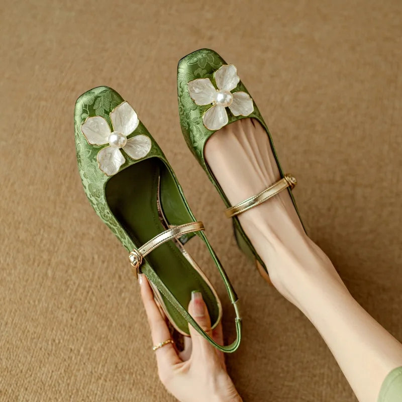 Florine | Women's Floral Slingback Pumps Square Toe Block Heel Shoes 5