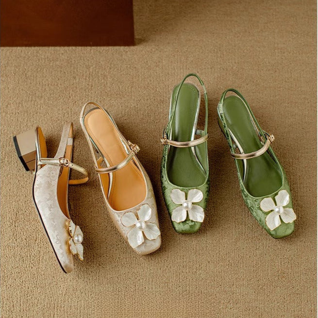 Florine | Women's Floral Slingback Pumps Square Toe Block Heel Shoes 6