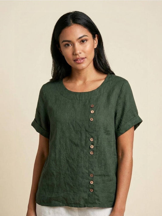 Women's Casual Scoop Neck Button Detail Short Sleeve Top