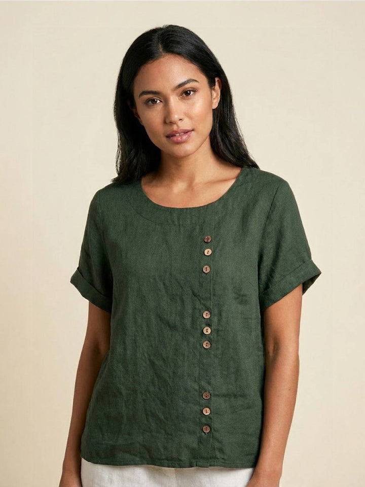 Top casual da donna con scollo rotondo e dettaglio bottoni, maniche corte