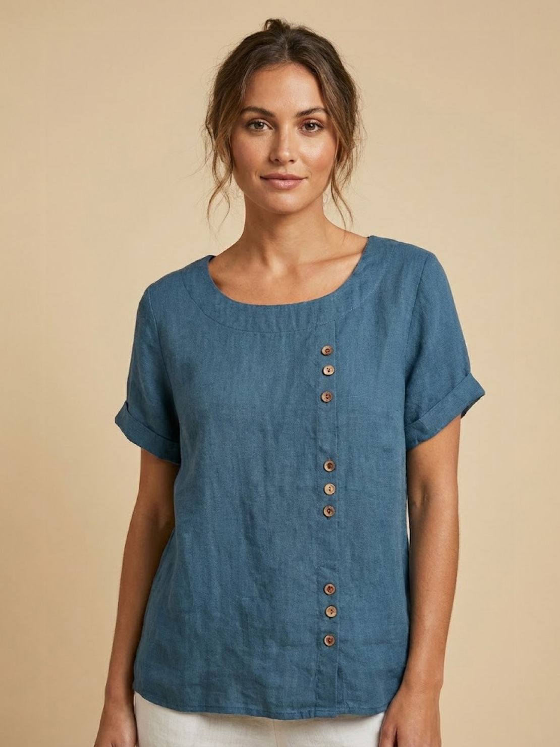 Women's Casual Scoop Neck Button Detail Short Sleeve Top
