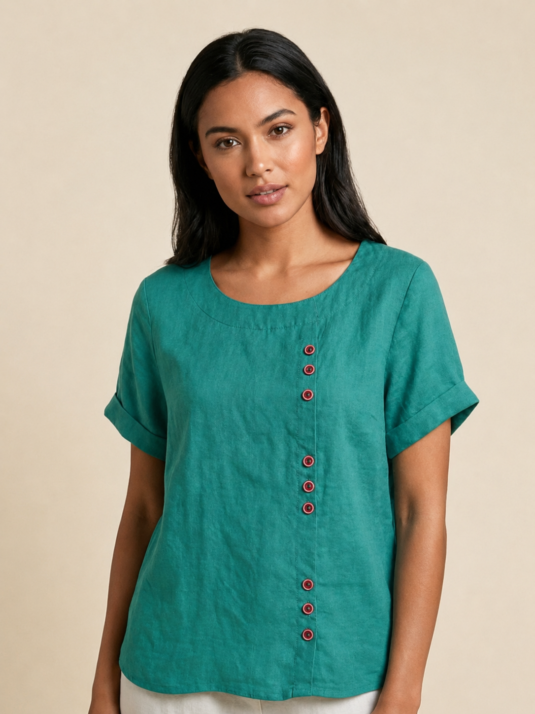 Women's Casual Scoop Neck Button Detail Short Sleeve Top