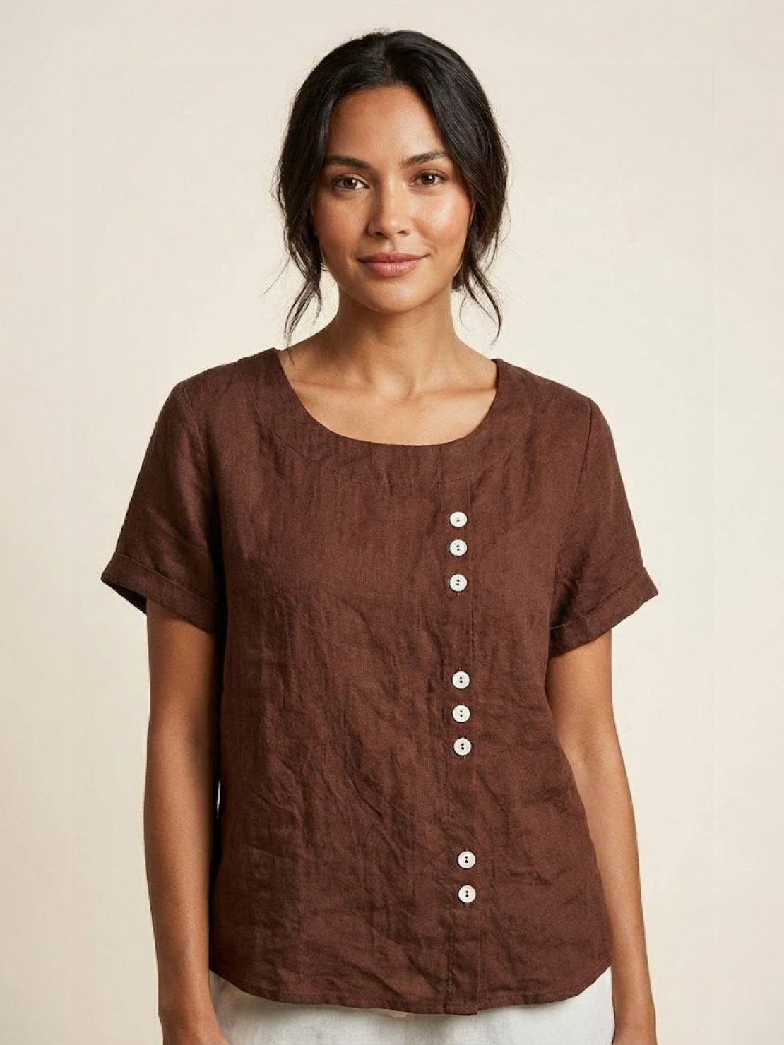 Women's Casual Scoop Neck Button Detail Short Sleeve Top