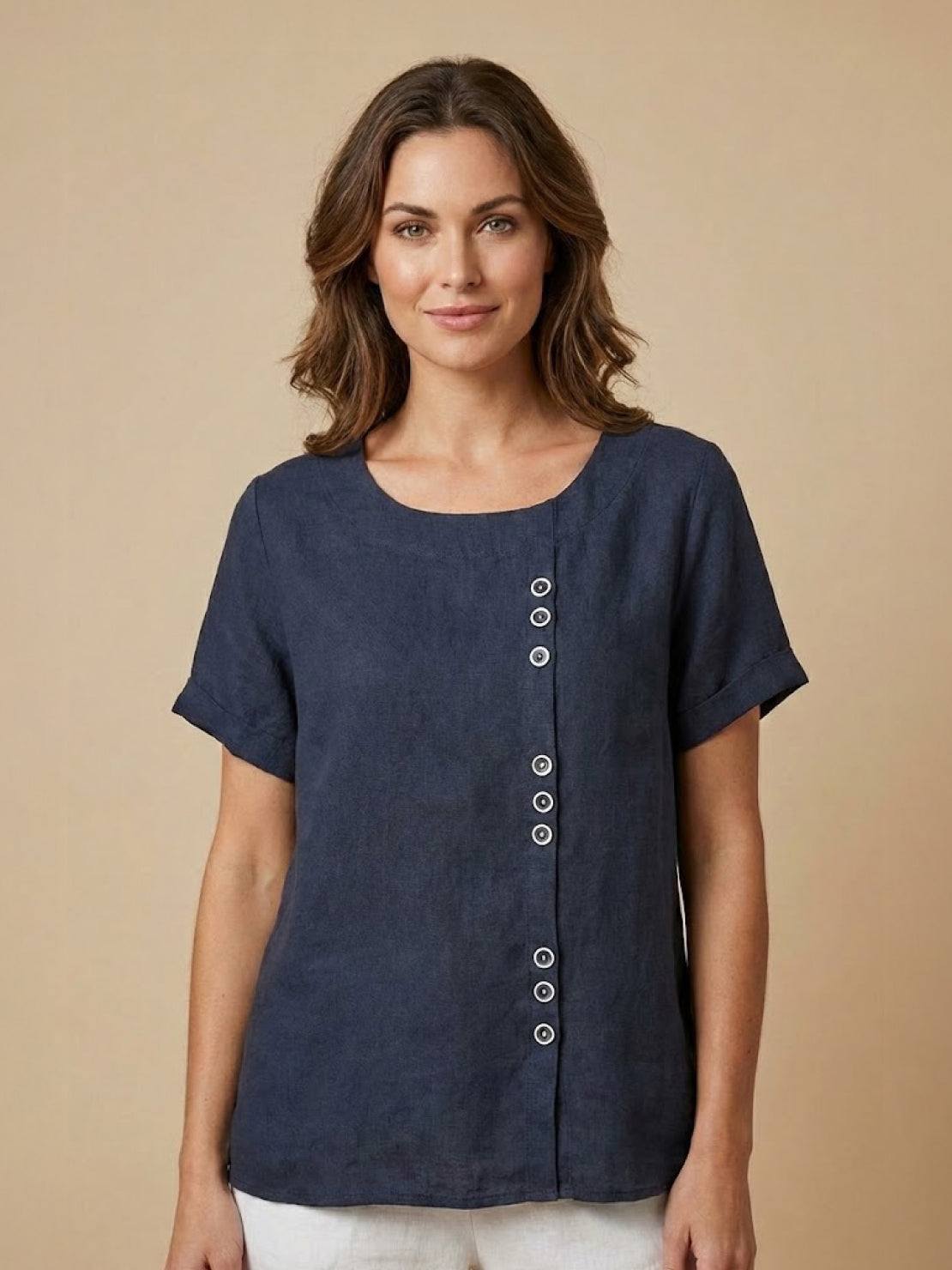Women's Casual Scoop Neck Button Detail Short Sleeve Top
