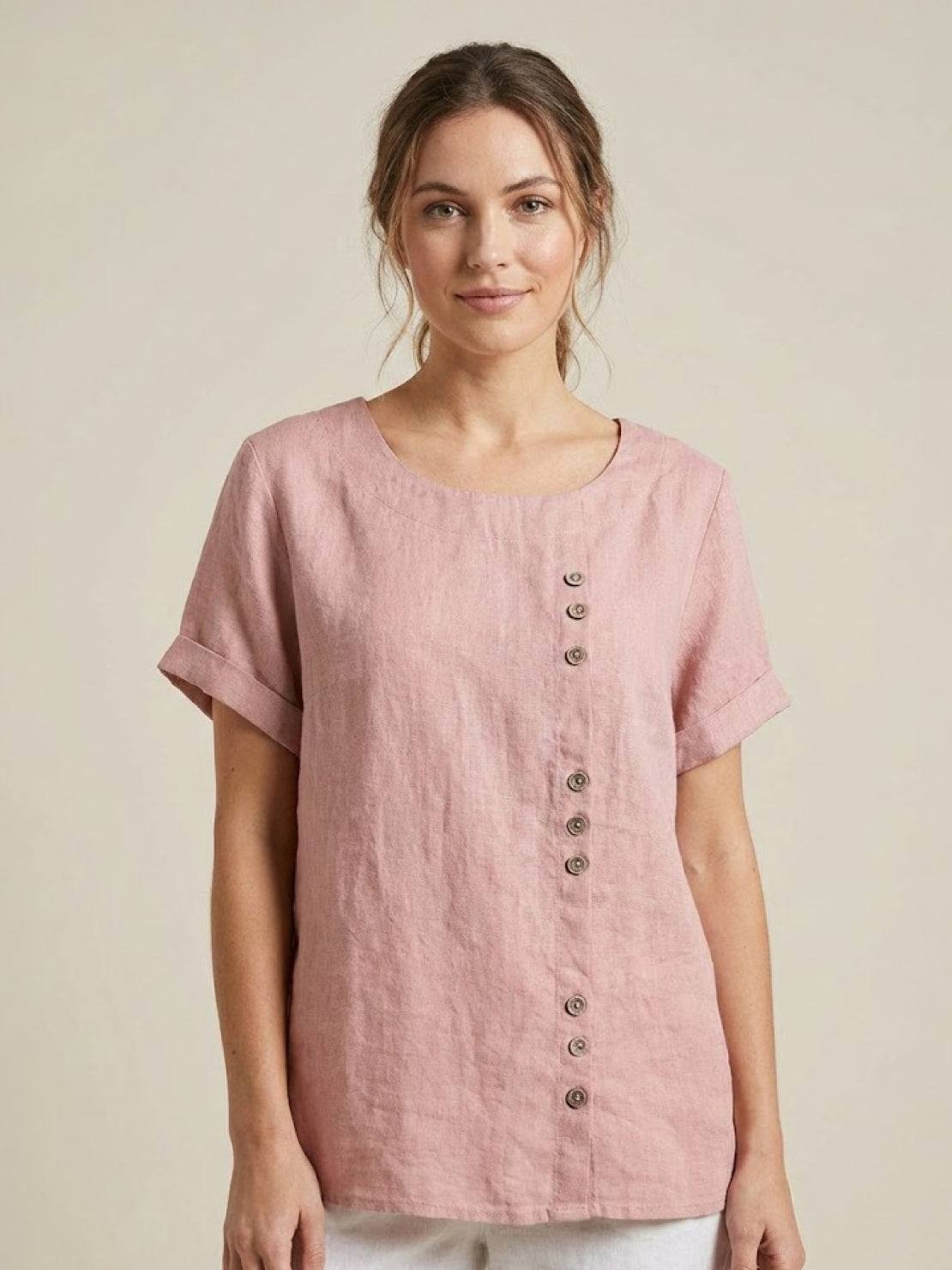 Women's Casual Scoop Neck Button Detail Short Sleeve Top