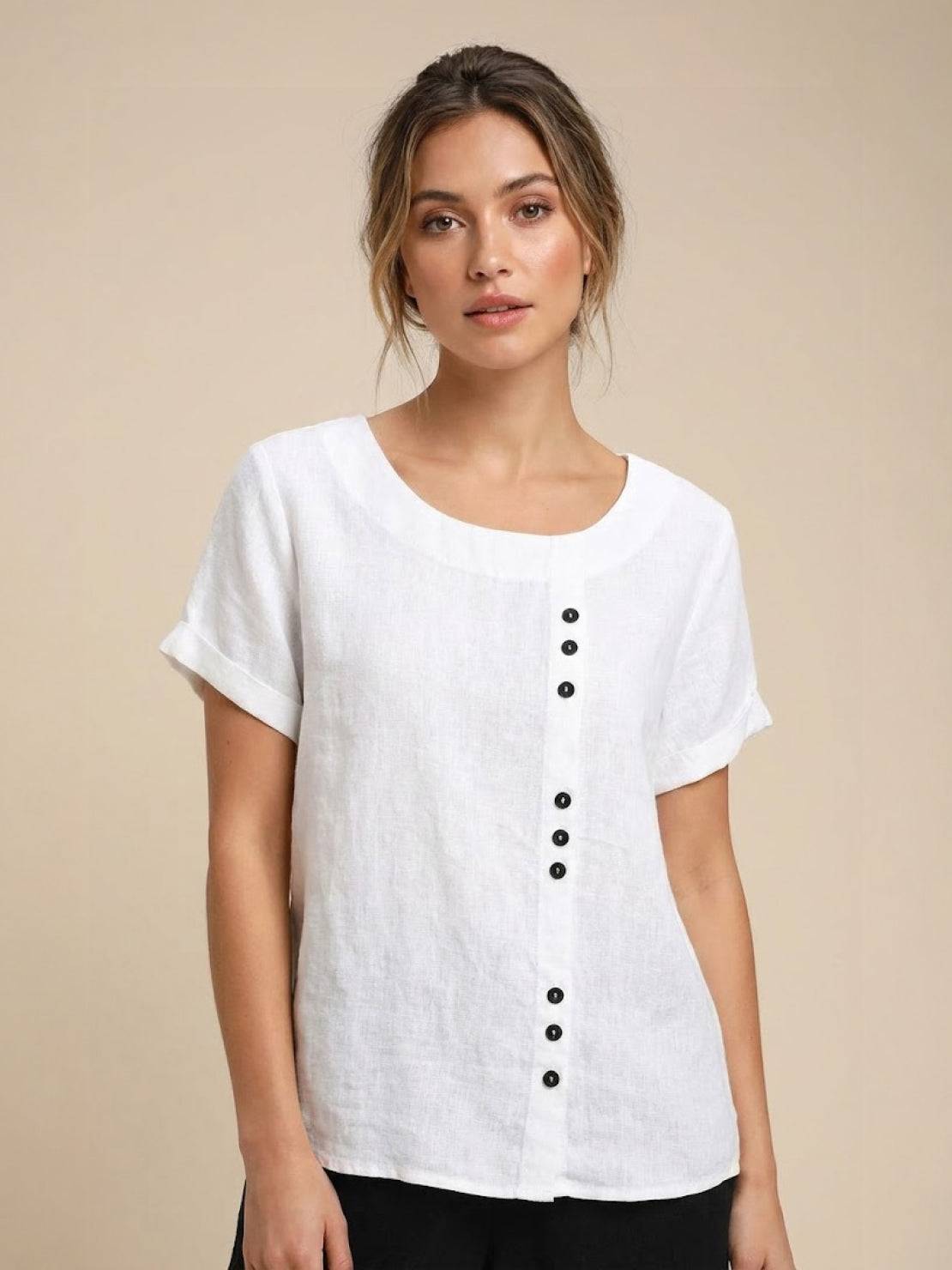 Women's Casual Scoop Neck Button Detail Short Sleeve Top