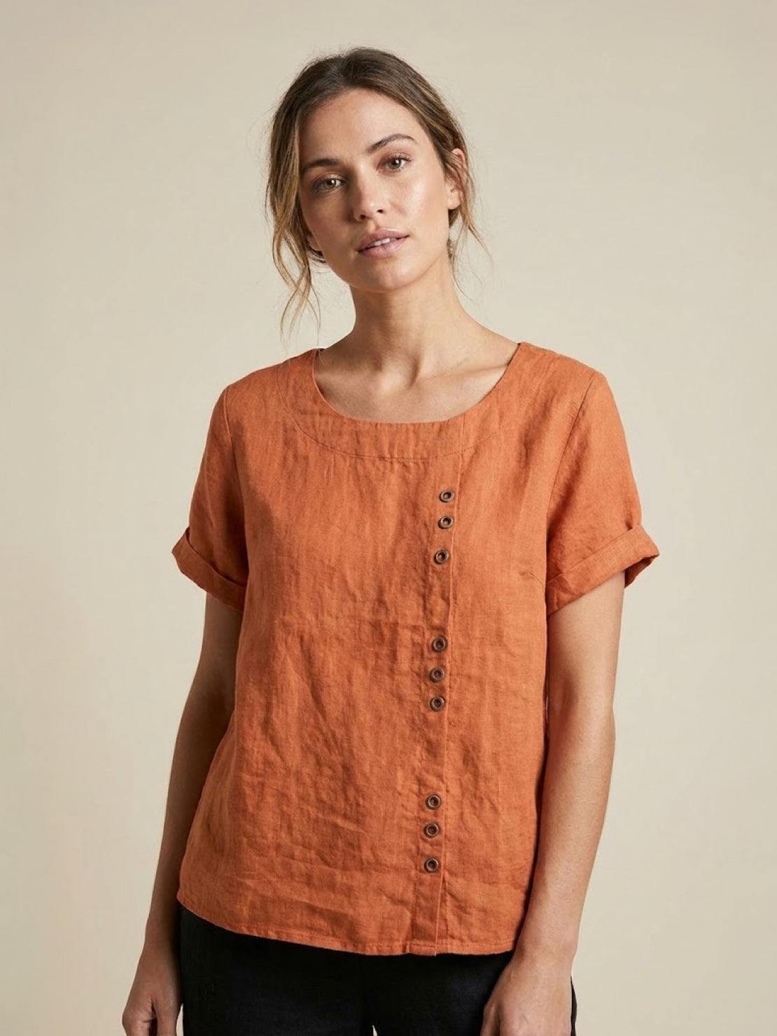 Women's Casual Scoop Neck Button Detail Short Sleeve Top