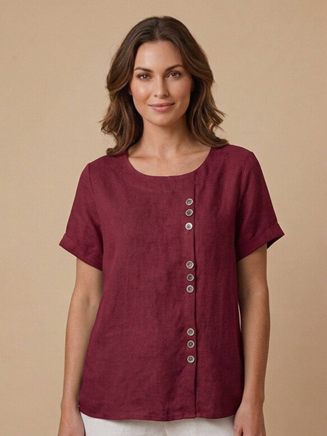 Women's Casual Scoop Neck Button Detail Short Sleeve Top