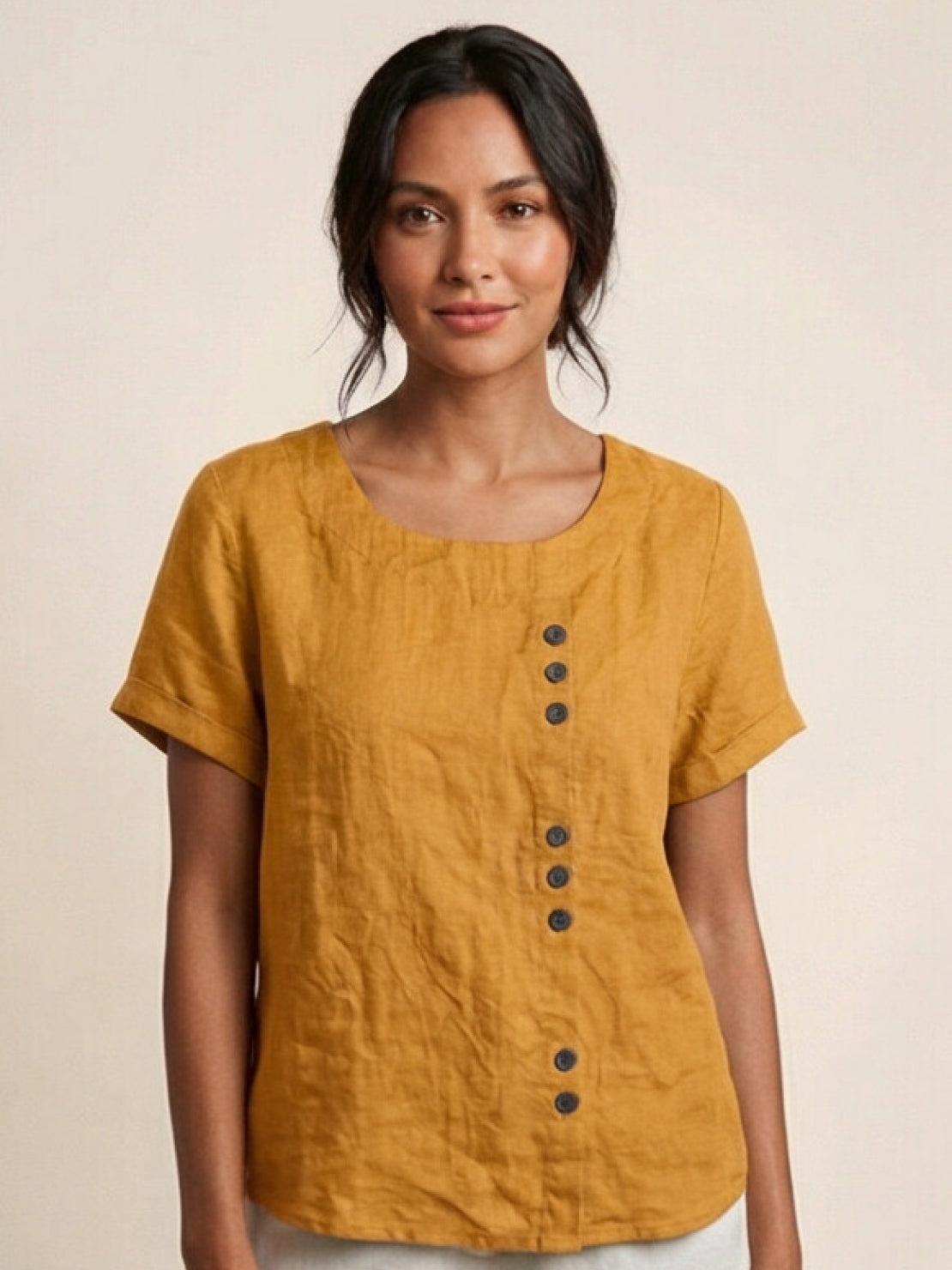 Women's Casual Scoop Neck Button Detail Short Sleeve Top