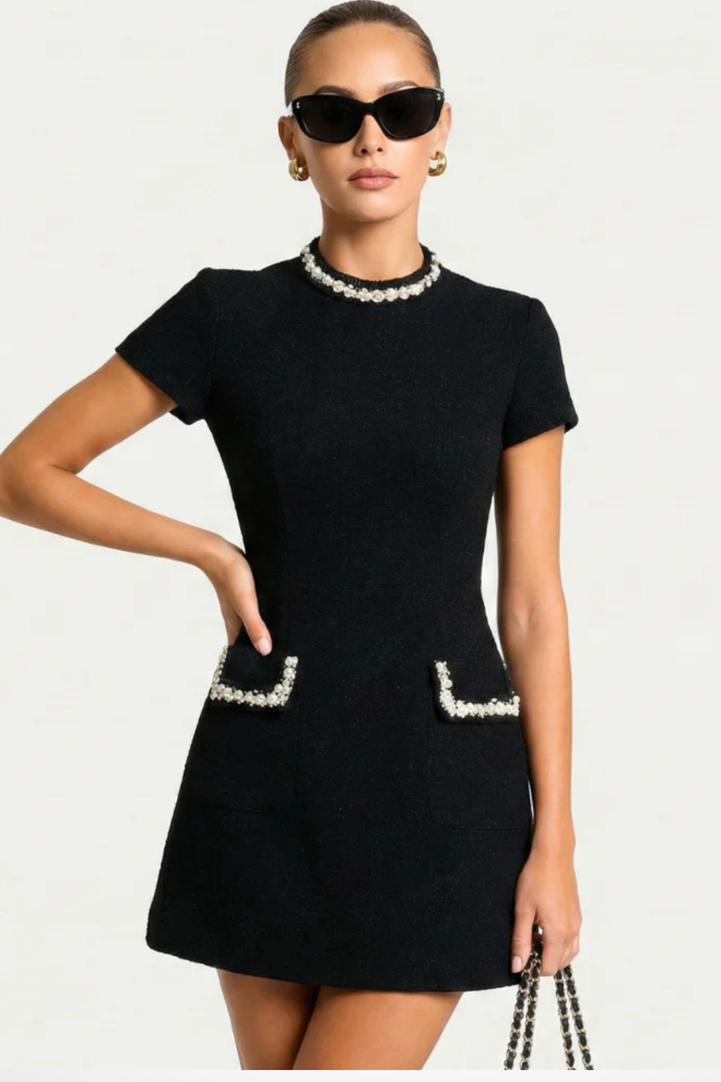 Women's Mini Dress with Lace and Pockets – Slim Fit V-Neck