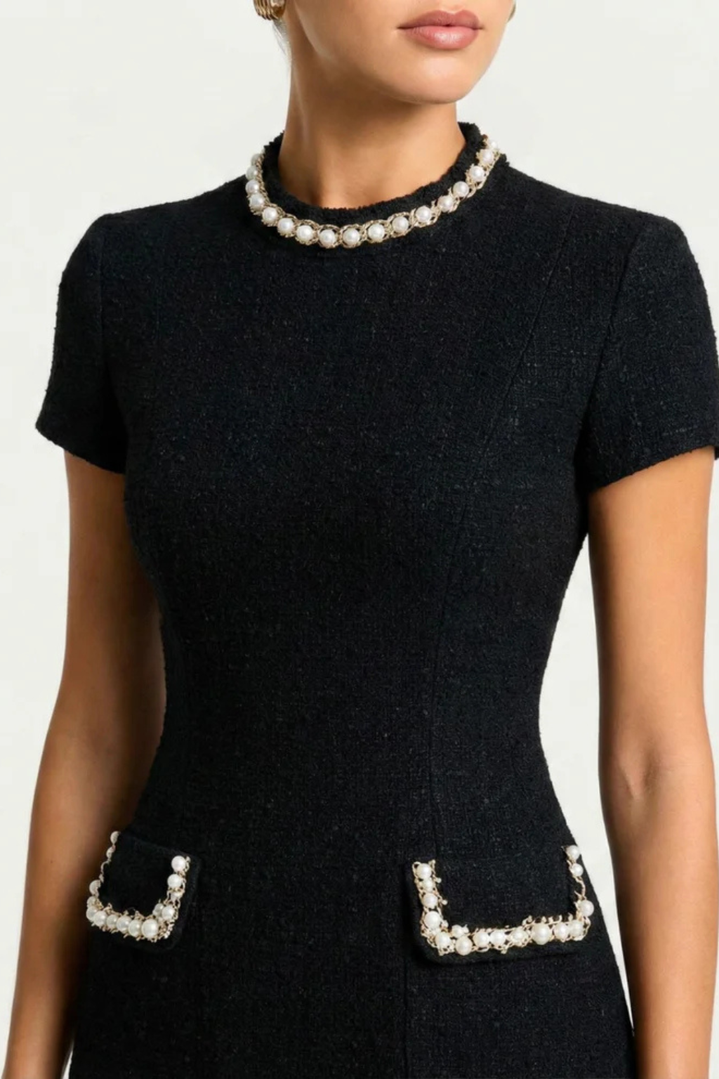 Women's Mini Dress with Lace and Pockets – Slim Fit V-Neck