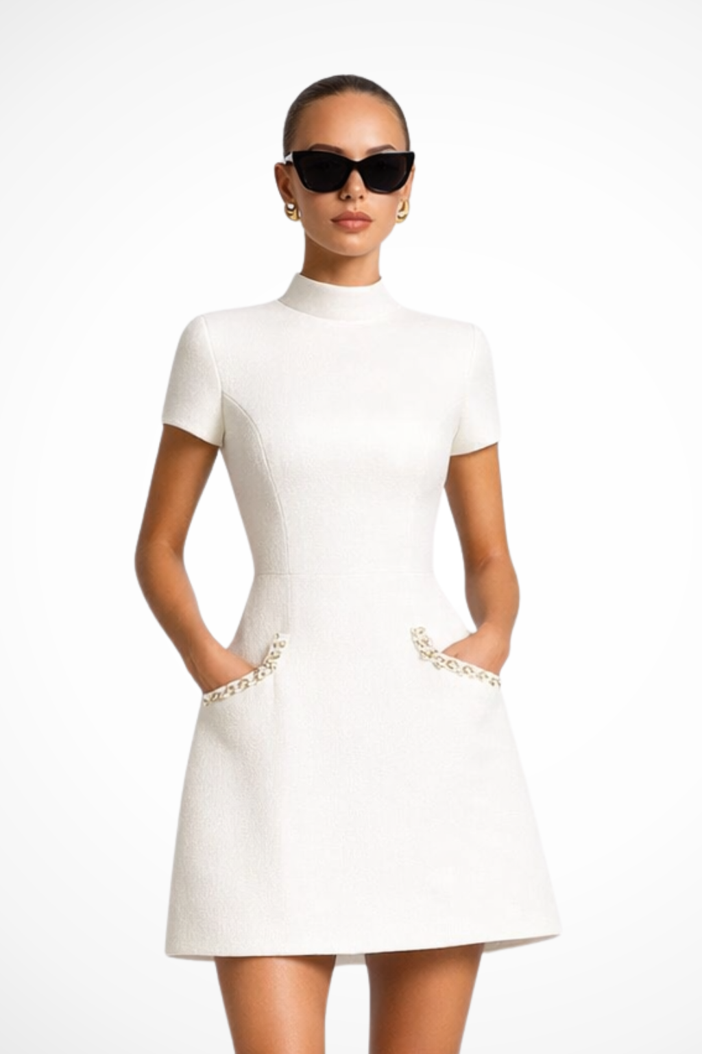 Women's Mini Dress with Lace and Pockets – Slim Fit V-Neck