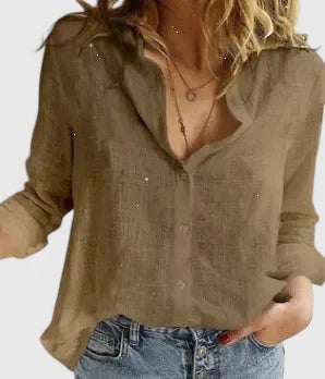 Women's Linen Button Down Shirt with Lapel Collar