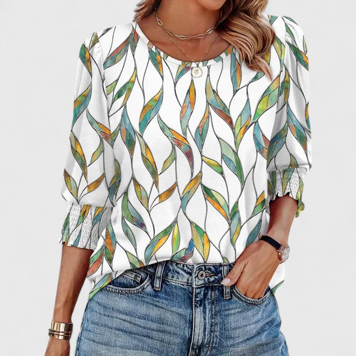 Women's Smocked Cuff 3/4 Sleeve Crew Neck Top