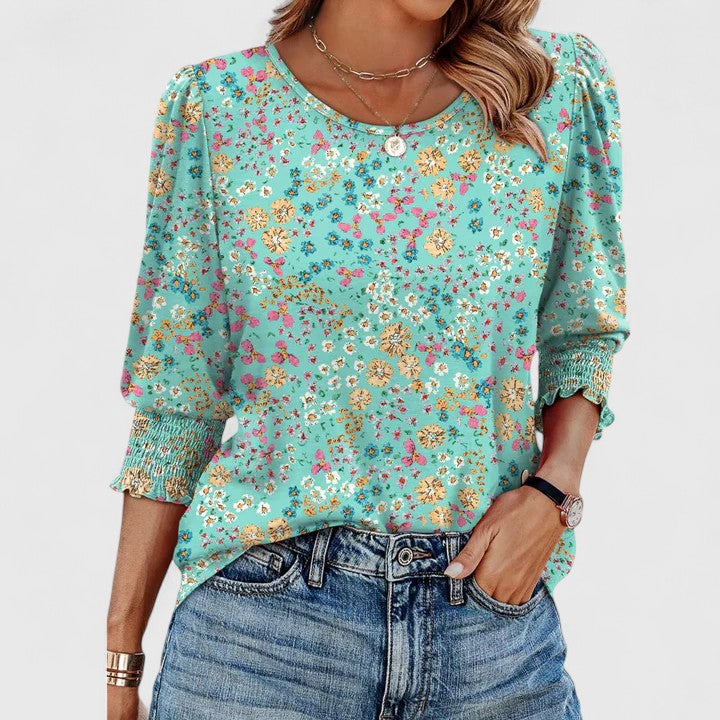 Women's Smocked Cuff 3/4 Sleeve Crew Neck Top