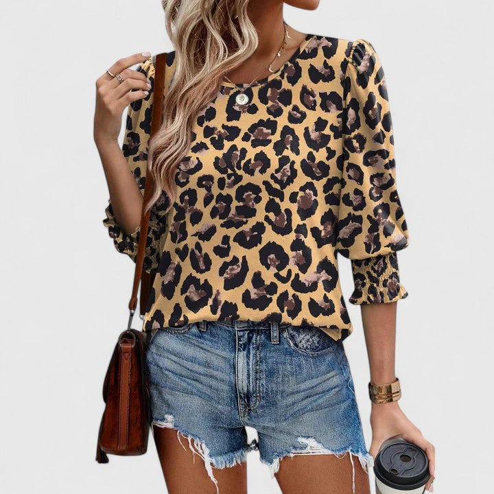 Women's Smocked Cuff 3/4 Sleeve Crew Neck Top