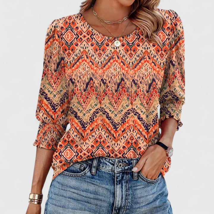 Women's Smocked Cuff 3/4 Sleeve Crew Neck Top