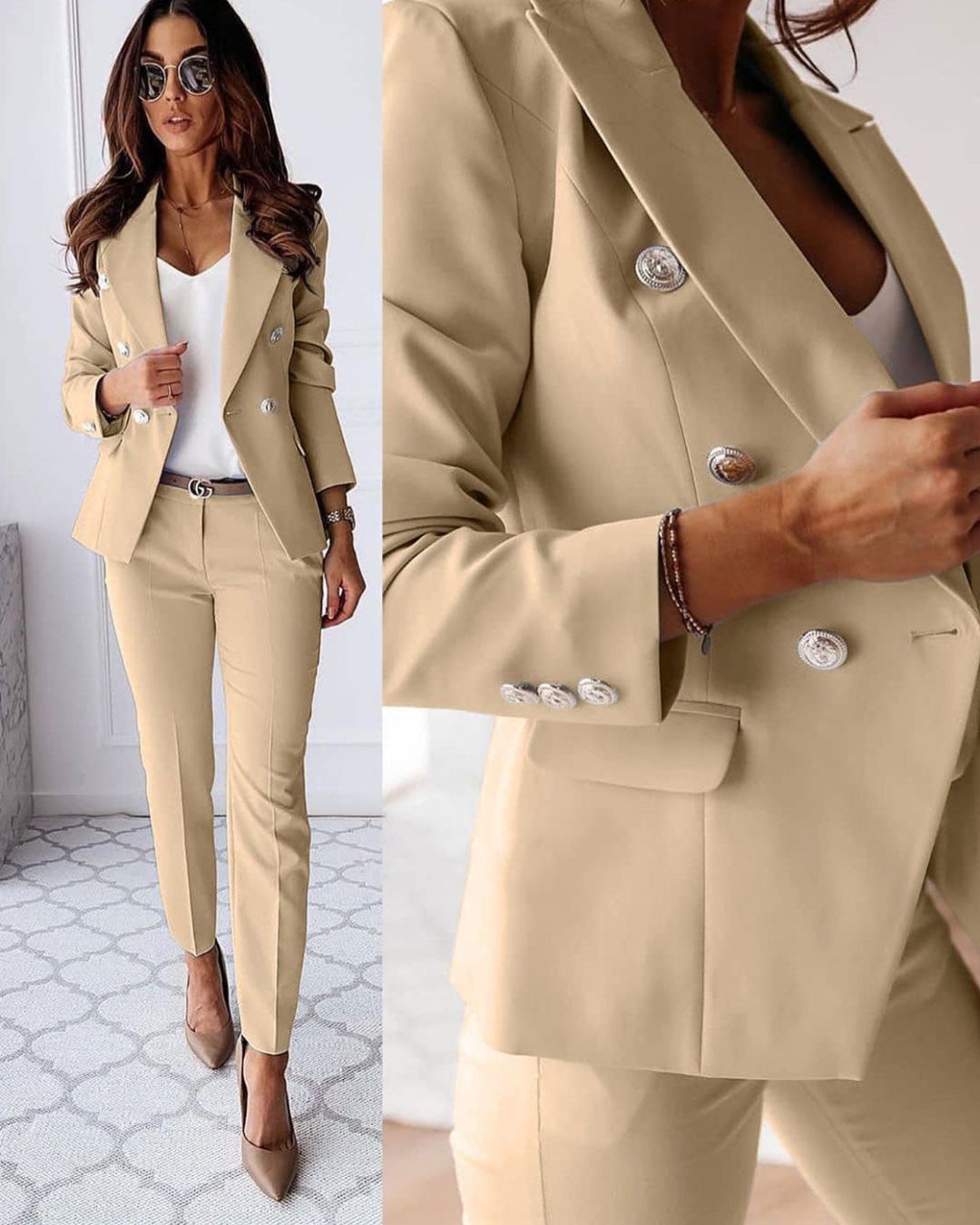 Women's Slim Fit Double-Breasted Suit with Buttons