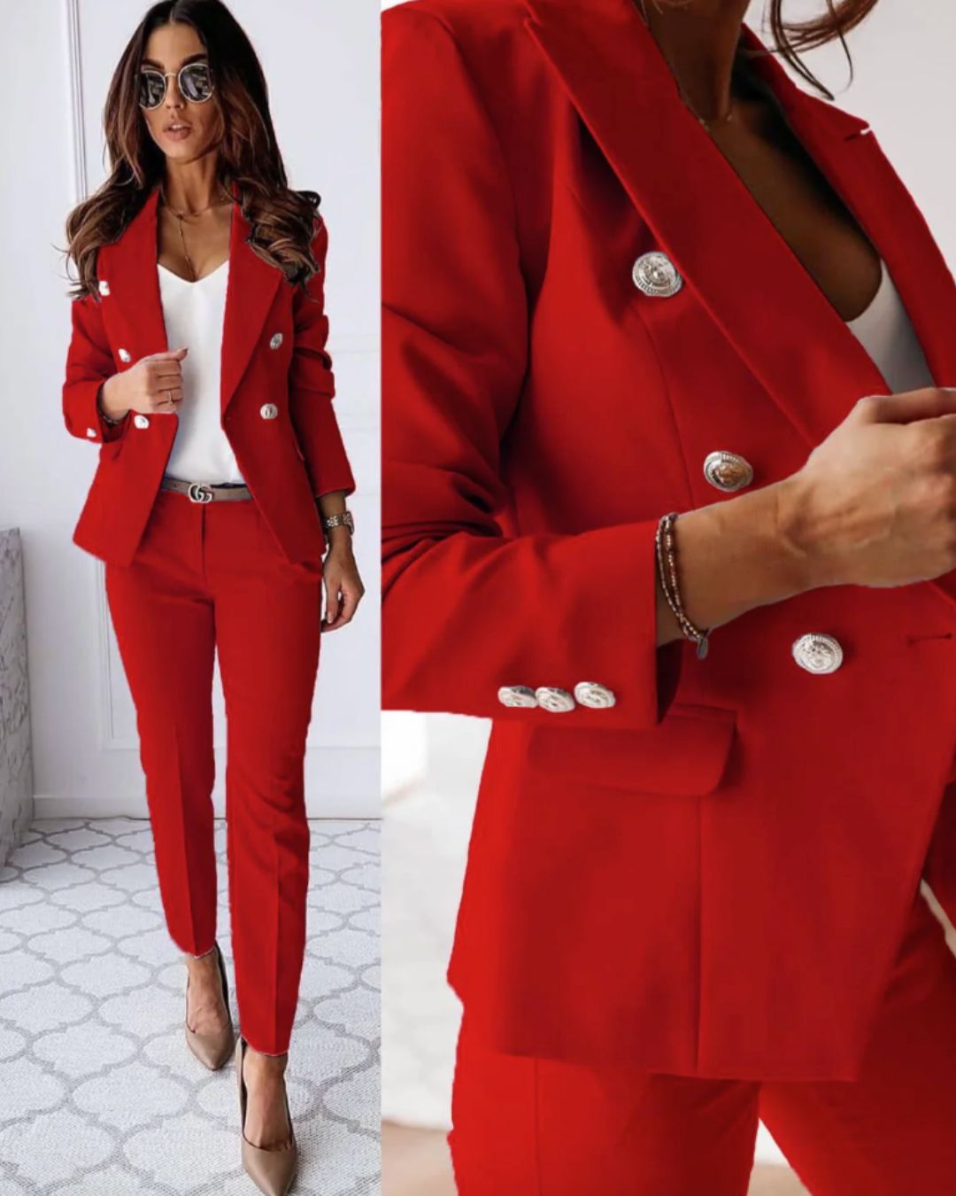 Women's Slim Fit Double-Breasted Suit with Buttons