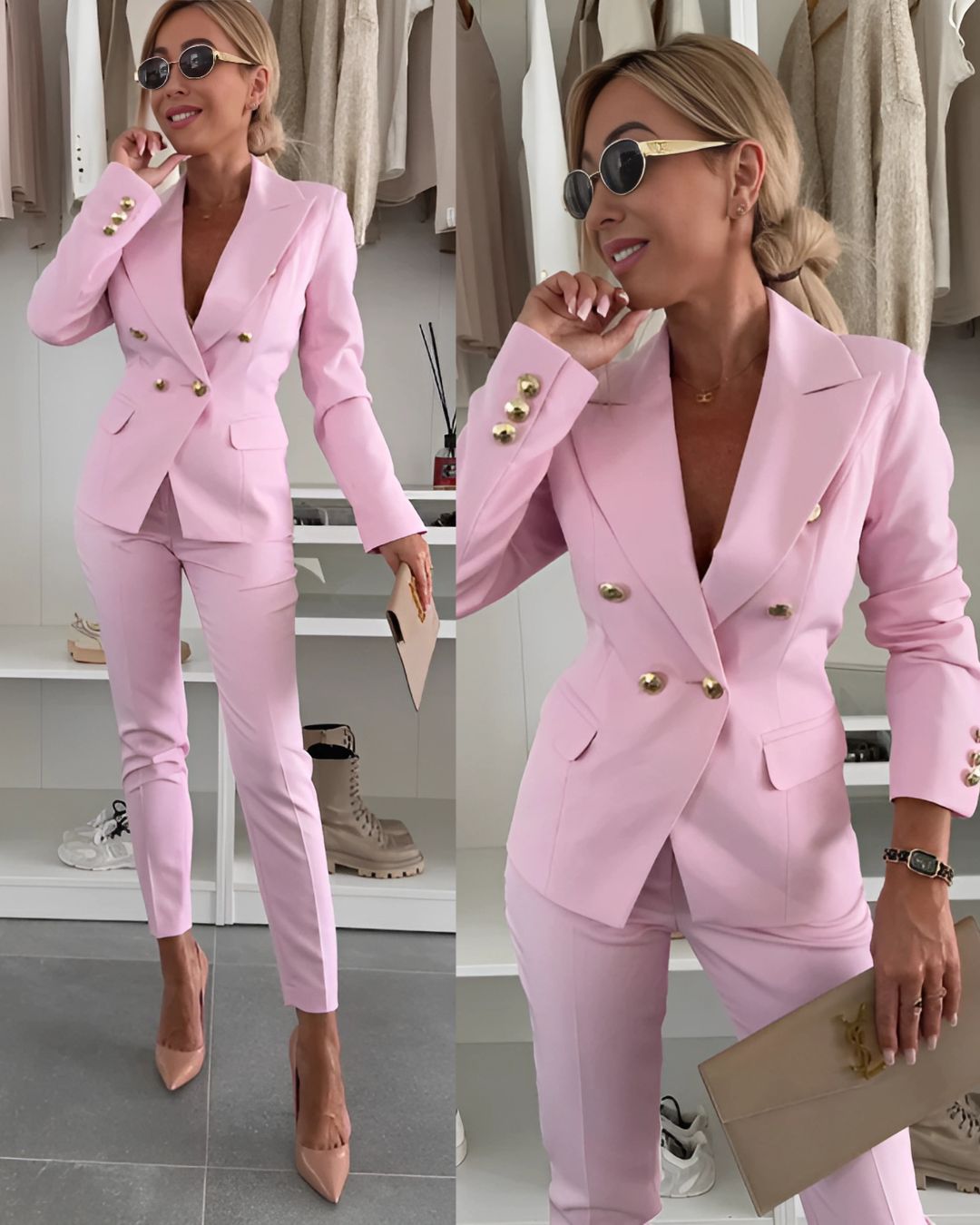 Women's Slim Fit Double-Breasted Suit with Buttons