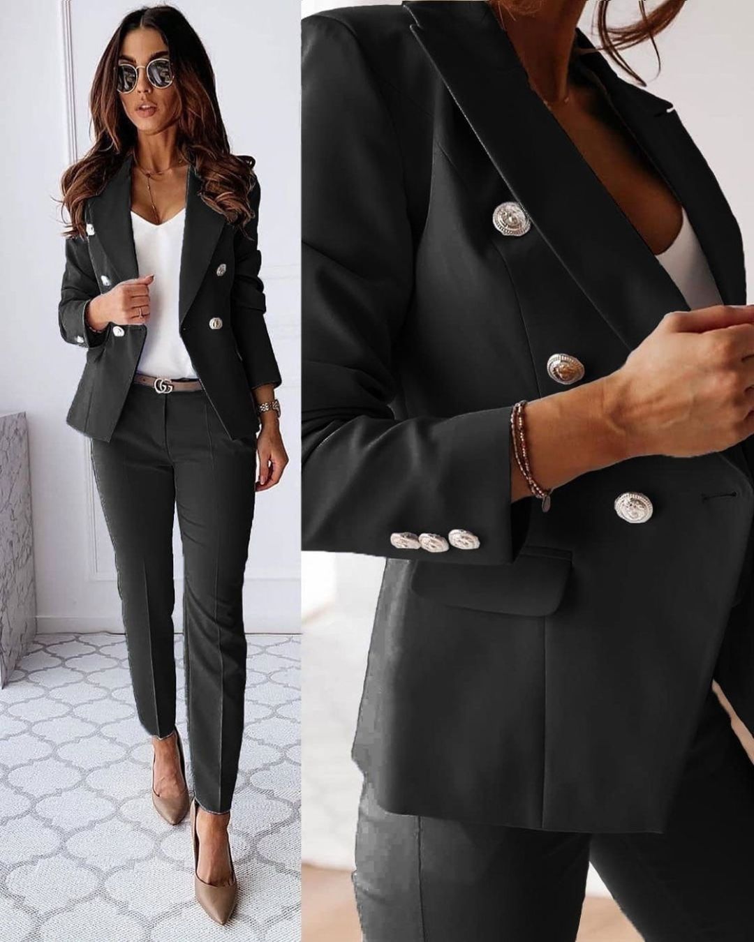 Women's Slim Fit Double-Breasted Suit with Buttons