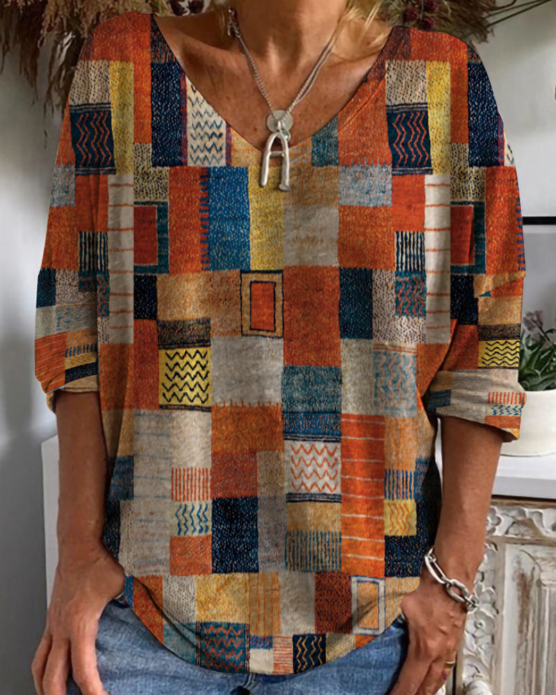 Women's Patchwork V Neck 3/4 Sleeve Blouse