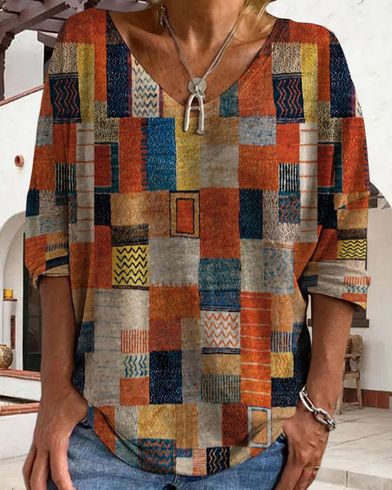 Women's Patchwork V Neck 3/4 Sleeve Blouse