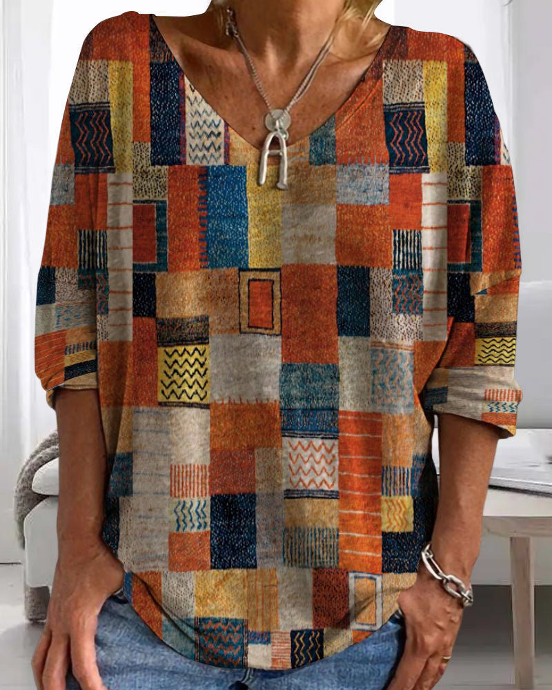 Women's Patchwork V Neck 3/4 Sleeve Blouse