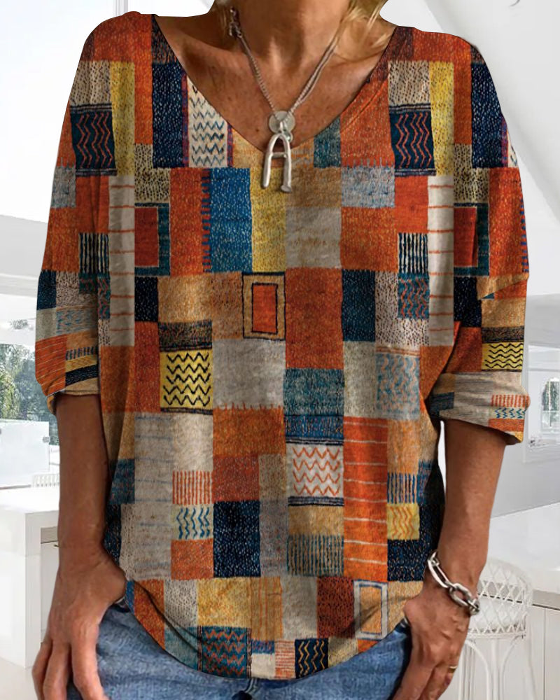 Women's Patchwork V Neck 3/4 Sleeve Blouse