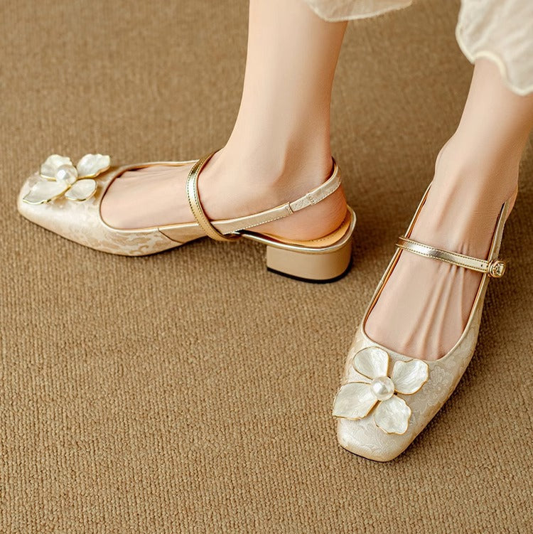 Isabeau | Women's Floral Mary Jane Pumps Block Heel Jacquard Strap 0