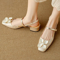 Women's Floral Mary Jane Pumps Block Heel Jacquard Strap