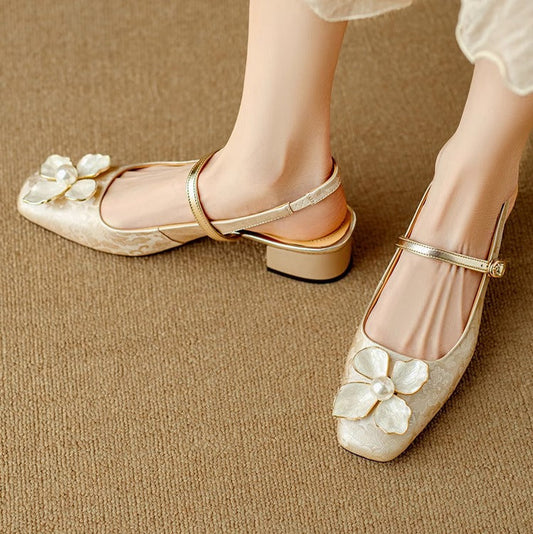 Isabeau | Women's Floral Mary Jane Pumps Block Heel Jacquard Strap 0