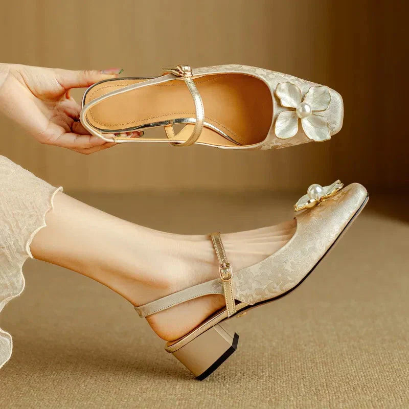 Isabeau | Women's Floral Mary Jane Pumps Block Heel Jacquard Strap 1