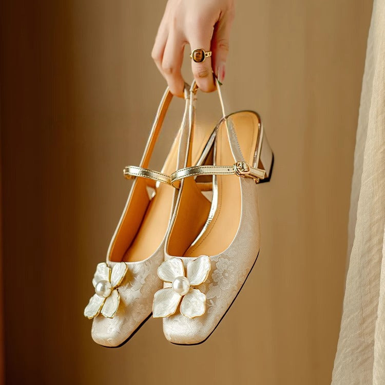 Isabeau | Women's Floral Mary Jane Pumps Block Heel Jacquard Strap 2