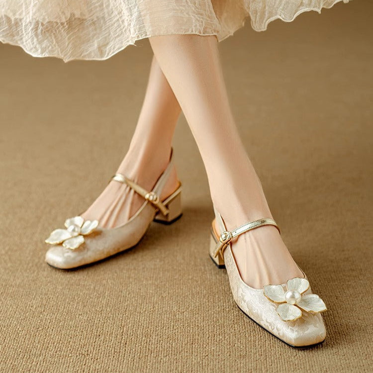 Isabeau | Women's Floral Mary Jane Pumps Block Heel Jacquard Strap 3