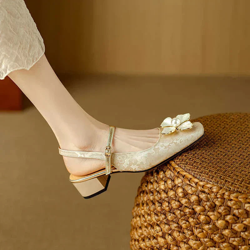 Isabeau | Women's Floral Mary Jane Pumps Block Heel Jacquard Strap 6
