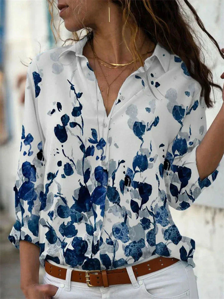 Blusa da donna con stampa floreale, maniche lunghe e bottoni