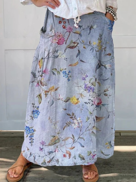 Women's Vintage Blue Print Skirt | Elegant A-Line Casual Skirt 1