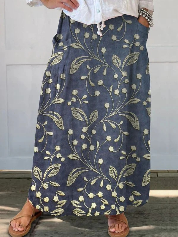 Josa™ | Retro Floral Art Elastic waistband Pocket Skirt 0