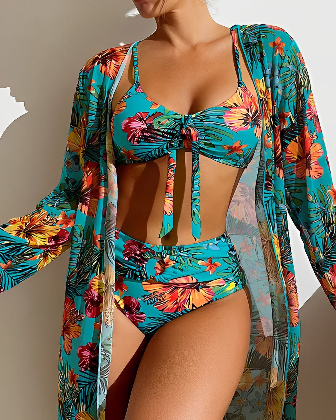 Tropical Print Bikini Set with Cover-Up