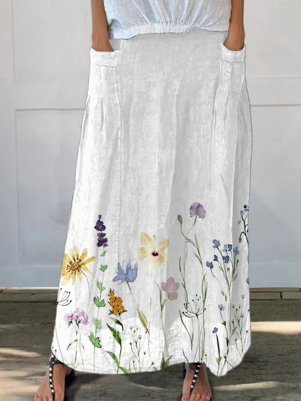 Kisha™ | Watercolor Spring Meadows Art Printed Elastic waistband Pocket Skirt 0