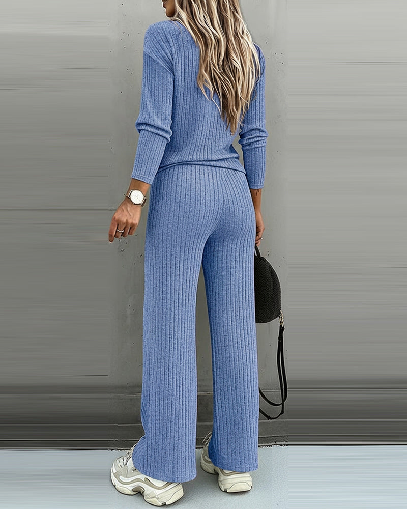 Set of 2 Pieces Women's Viscose V-Neck Long Sleeve Top and Straight Pants