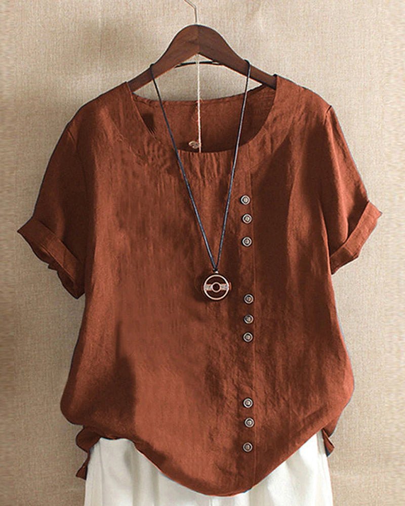 Top casual da donna con bottoni frontali, scollo rotondo e maniche corte