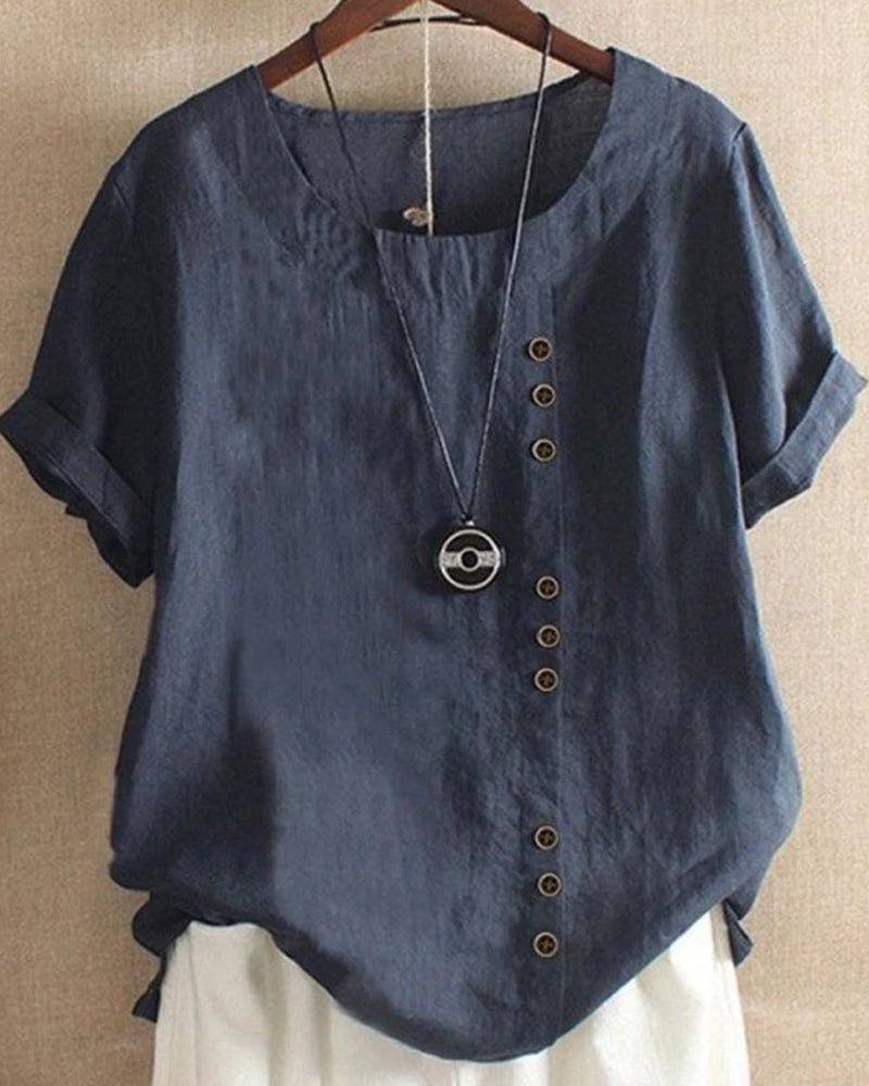 Top casual da donna con bottoni frontali, scollo rotondo e maniche corte