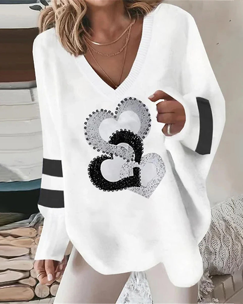 Women's Oversized V-Neck Sweater Sequin Heart Print Top